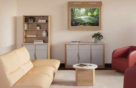 Salon chaleureux avec canapé beige, fauteuils rouges, table basse en bois, placards et étagères en bois clair, et un écran mural affichant une image de nature.