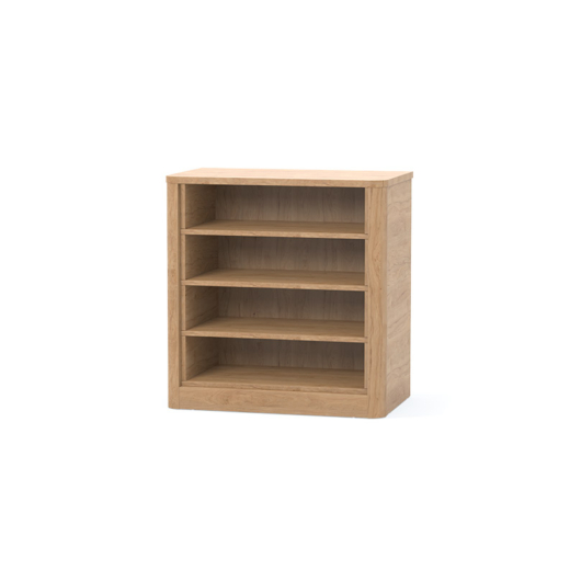 Commode ouverte Acumen en bois clair avec quatre étagères, intégrée dans une chambre de soins sécurisée.