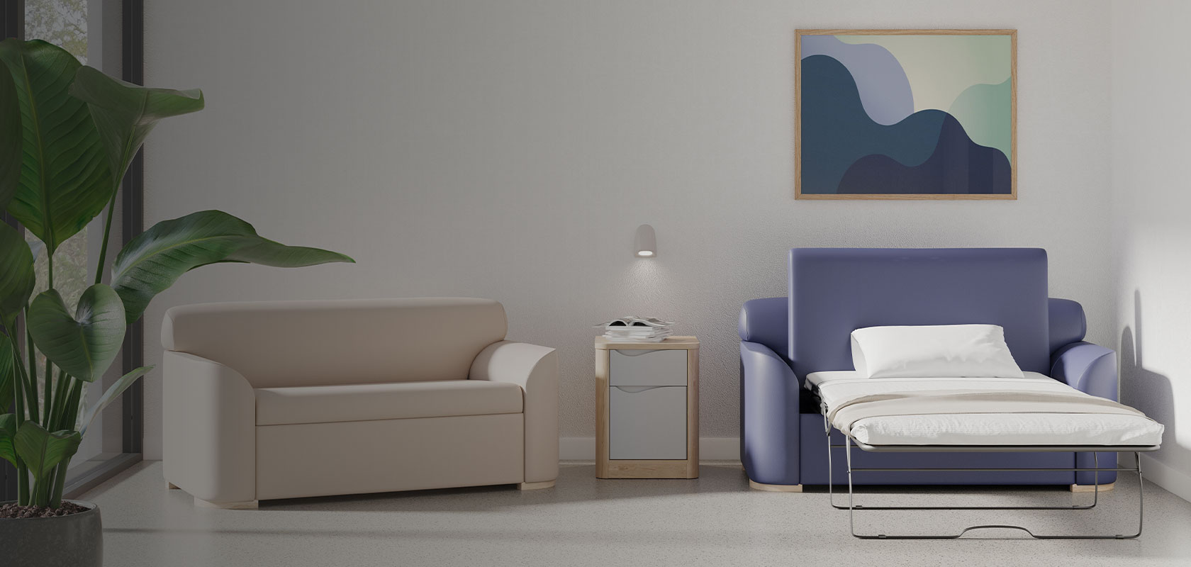 Canapé convertible Magna 2.0 déplié en lit avec matelas, accompagné d’un canapé assorti, idéal pour les environnements de soins