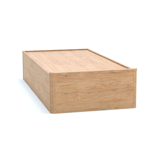 Lit double Acumen en bois clair avec tête de lit assortie, accompagné d’un bureau, d’une table de chevet et d’un miroir mural dans une chambre de soins sécurisée.