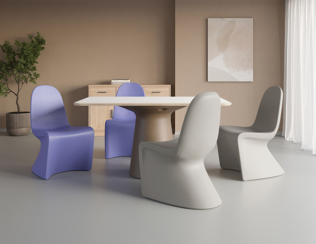 Trois chaises Ryno 2.0 en coloris violet, gris et orange disposées autour d’une table ronde, dans un espace intérieur moderne.