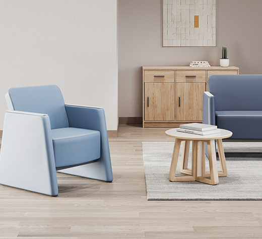 Shore Assises avec fauteuil et canapé 2 places dans un espace d'accueil conçu pour les environnements de santé mentale.