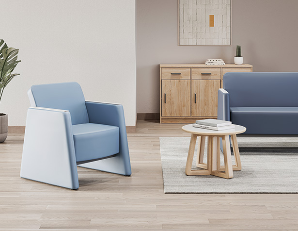 Shore Assises avec fauteuil et canapé 2 places dans un espace d'accueil conçu pour les environnements de santé mentale.